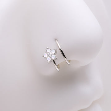 Detail View 1 of Opalescent Opal Sparkle Flower Double Hoop Non-Piercing Nose Cuff-Clear Gem/White